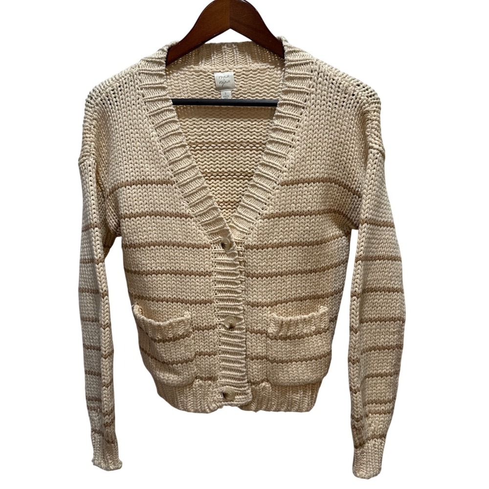 Roan +‎ Ryan EverevCream Tan Striped Knit Button Cardigan Sweater Women's Small